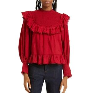 FARM Rio heart‎ applique cotton blouse Smocked Ruffle Mock neck Size S